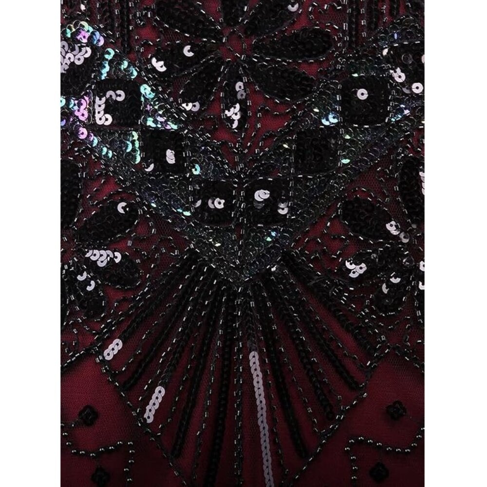 Women XL Flapper dress costume halloween maroon Burgundy wine fringe black Party - Picture 14 of 14
